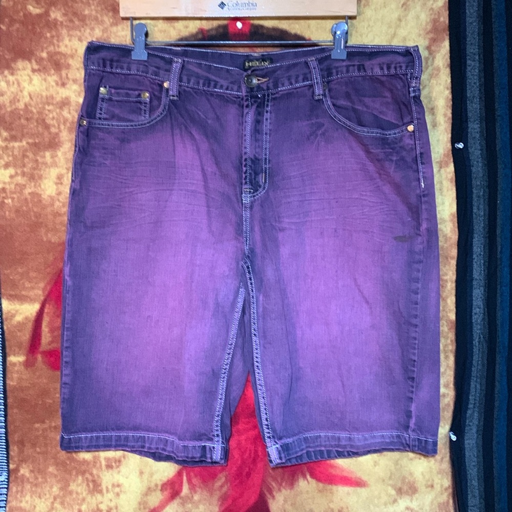 HELIX-men’s purple/pink dyed cotton denim long jean shorts